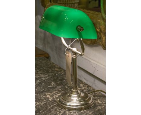 BANKERS LAMP, traditional vintage silvered metal with adjustable green glass shade, 38cm H.