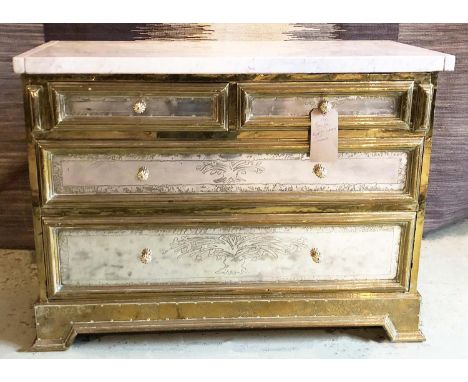 RODOLFO DUBARRY COMMODE, brass and silvered metal with white marble top above three drawers, 76cm H x 105cm W x 48cm D.