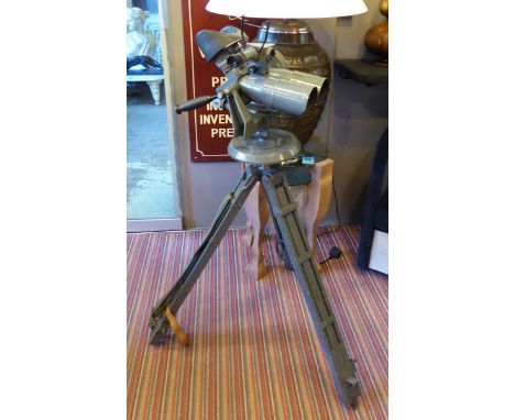 VINTAGE MILITARY AERIAL OBSERVATION BINOCULARS, on tripod with accompanying tools and case, 131cm H (non-extendable) (with fa