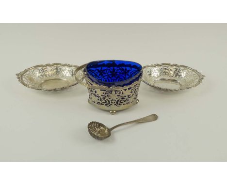 GEORGE V SILVER SUGAR BASKET, with foliate pierced sides, Sheffield 1917, blue glass liner, 13cm L x 9cm W 10cm H; a Victoria