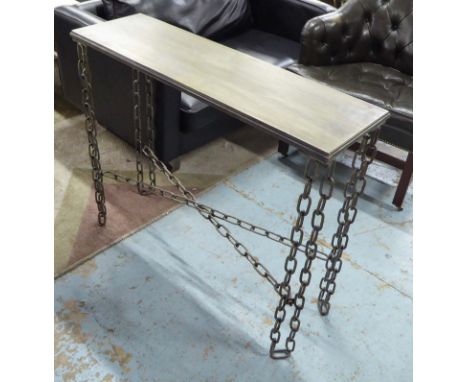 CONSOLE TABLE, with bronzed top on chain link supports, 100cm x 30cm x 82cm H.