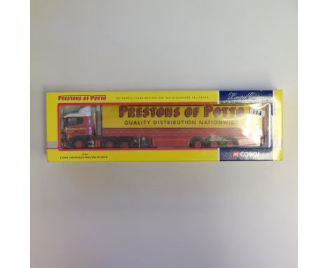 Manufacturer - Corgi | Description - Scania Curtainside - Prestons Of Potto | Stock Code - 76404 | Model Condition - 5/5 | Bo