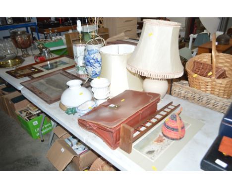 A leather holdall together with a print; a pin cushion; table lamps and shades; a milk glass shade; oriental blue and white t