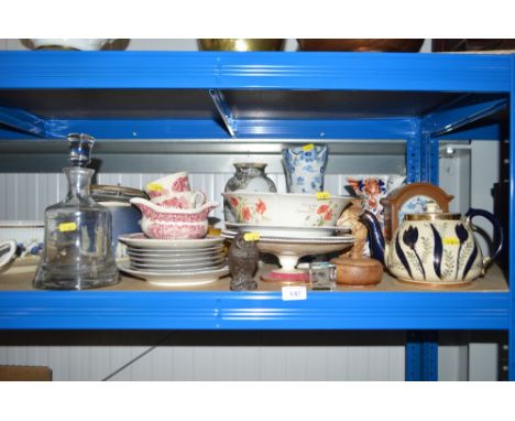 A quantity of various china to include decanter and stopper; Jasperware biscuit barrel; pedestal dish; blue and white vase AF