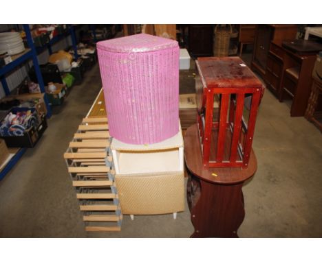 A small drop leaf table; magazine rack; bedside cupboard; Loom corner cupboard and a wooden and metal wine rack