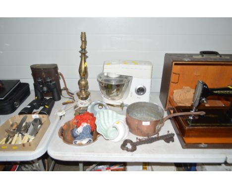 A copper saucepan together with a vase in the form of a shell, a table lamp, and a wall light with glass shade etc.