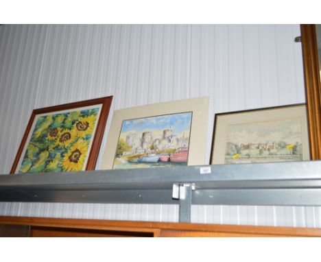 A watercolour "Conway Castle", a print of "Framlingham Castle" and a floral abstract depicting sunflowers