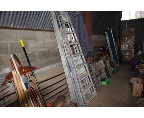 Two aluminium step ladders and an aluminium extending ladder