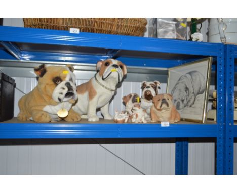 A quantity of bull dog ornaments; bull dog soft toy and a print depicting a bull dog