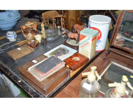 Two horse ornaments, vintage tins, AA badge, Ipswich print etc.