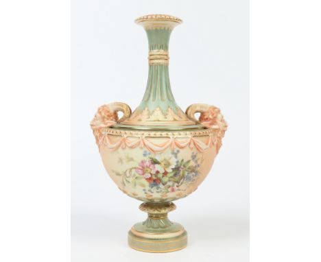 A Victorian Royal Worcester Classical style pedestal vase. Ground in sage green and with moulded twin satyr mask handles and 