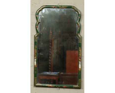 A Queen Anne style hall mirror with green ground chinoiserie frame, 67cm.