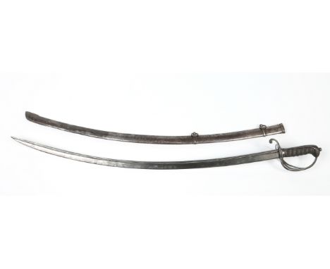 An early 19th Century English cavalry sword in metal scabbard with openwork hilt, shagreen grip and metal scabbard. Blade len