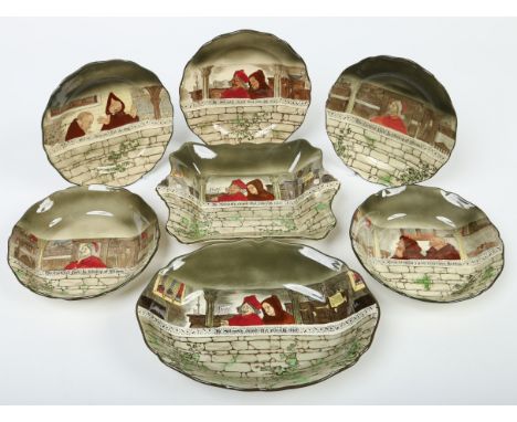 Seven pieces of Royal Doulton series ware decorated in the Jackdaw of Rheims pattern including two bowls, three plates and tw