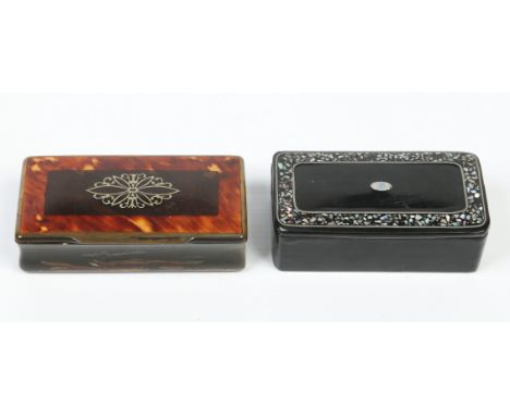 A Victorian horn and tortoiseshell snuff box and a similar lacquered example inlaid with abalone shell. Largest 9.25cm wide. 