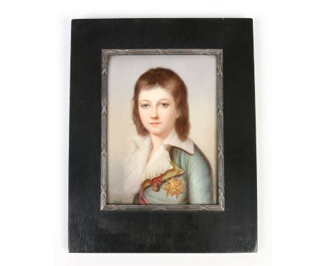 A 19th century French miniature porcelain plaque in ebonized frame. Portrait of King Louis XVII of France as Dauphin, 11.75cm