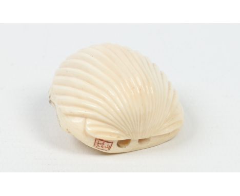 A Japanese carved ivory netsuke formed as a scallop shell and with erotic carving to the underside. Signed, 3.5cm. Condition 