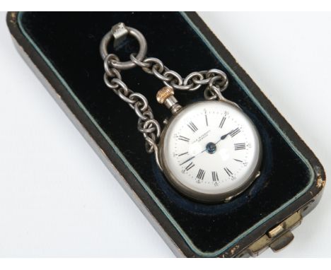 A late 19th century rock crystal bulls eye fob watch in fitted case. With enamel dial signed J & A Bornand, Geneve. Watch hea