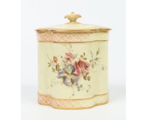 A Victorian Royal Worcester blush ground biscuit jar and cover of quatrefoil shape. With lattice moulded banding and enamelle