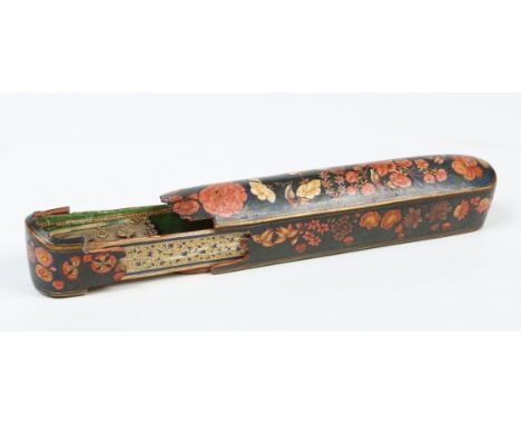 An antique Persian scribes papier mache pen box. Painted with stylized birds and flowers and opening to reveal a white metal 