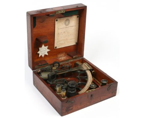 A mahogany cased brass "White Star" sextant by makers Lawrence & Mayo of London. With binoculars and telescope en suite. Labe