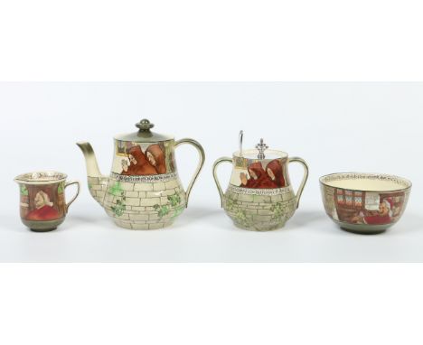 Four pieces of Royal Doulton series ware decorated in the Jackdaw of Rheims pattern including a teapot, sugar bowl, milk jug 