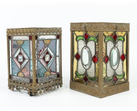 Two Edwardian brass square lanterns, one hanging and the other a standing lamp. Both with leaded and coloured glass panels, l