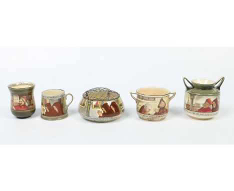 Five pieces of Royal Doulton series ware, decorated in the Jackdaw of Rheims pattern including two twin handled vases, posy b
