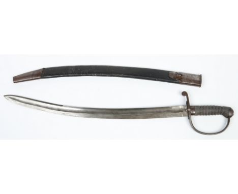 A Georgian constabulary short sword in metal mounted leather scabbard. With stirrup hilt, shagreen grip, fullered blade, butt