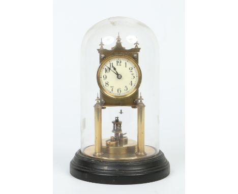A Gustav Becker brass bandstand torsion clock under glass dome. With enamel dial having Arabic numeral markers and with disc 