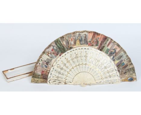 A 19th century fan in box. With bone sticks carved with pierced decorations and silver overlay, the outer two decorated one w