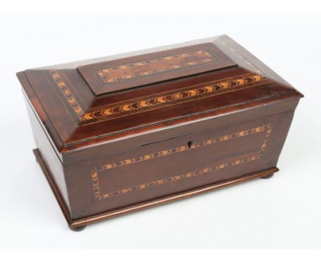 A 19th century large yew wood tea caddy of sarcophagus form. Having parquetry banding, three section fitted interior and rais