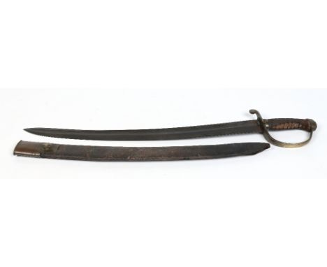 A 19th century police short sword in brass mounted leather scabbard. With curved fullered blade, brass stirrup hilt with safe