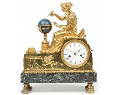 A 19th century French gilt brass mantel clock. Surmounted by a Classical maiden charting a globe with a compass and with a re