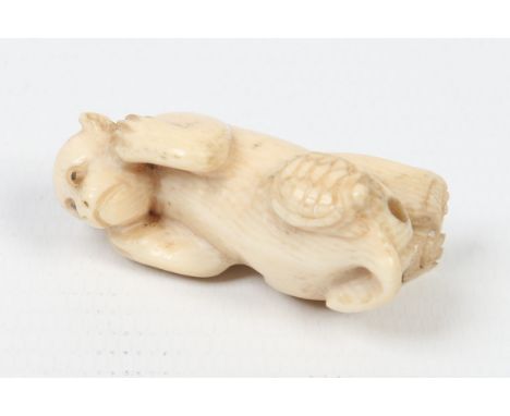 A Japanese carved ivory netsuke formed as a monkey and a turtle. Signed, 4cm.