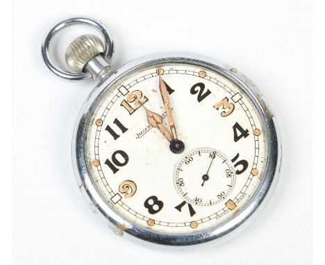A Jaeger Le Coultre military issue chrome plated pocket watch. With Arabic numeral markers, subsidiary seconds and luminous i