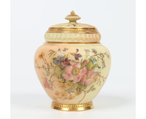 A Royal Worcester pot pourri jar with pierced cover. Quatrefoil in form, blush ground and decorated with flowers. Printed puc