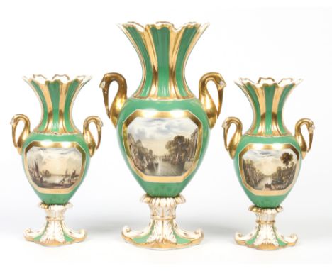 An important and rare Rockingham garniture of three stork handled baluster vases possibly by William Willis Bailey. With wais