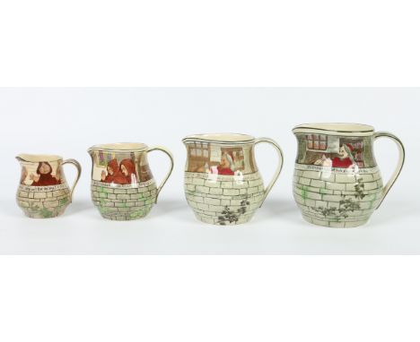 A set of four graduated Royal Doulton series ware water jugs decorated in the Jackdaw of Rheims pattern moulded with coursed 