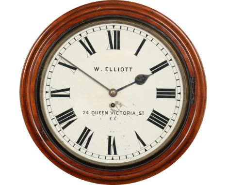 A Victorian mahogany cased single fusee school clock. With painted circular dial having Roman numeral markers and signed W. E