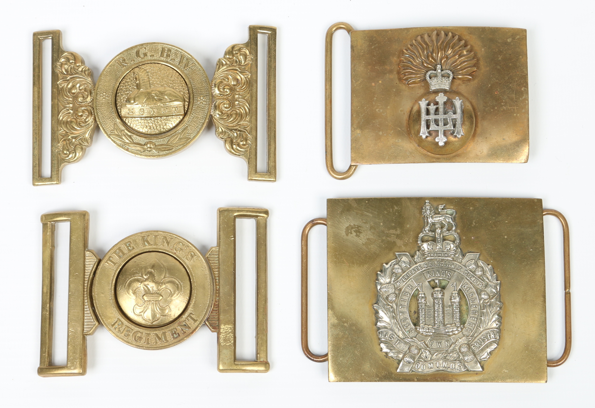 Four British military brass belt buckles 'The Kings Regiment' 'The