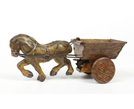 A Mar toys clockwork tinplate model of a horse and cart, 24.5cm. Condition Report. To be used as a guide only. Mechanism work