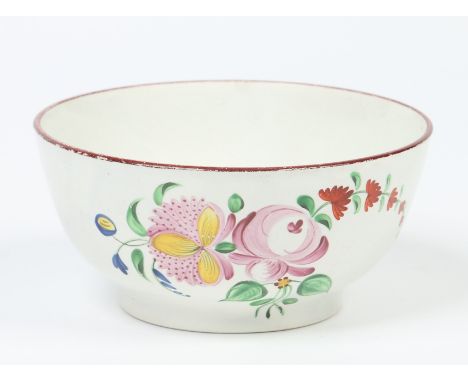 A Don pottery slop bowl. With brown line rim and painted in coloured enamels with a bouquet and two flower sprays, 13.5cm dia