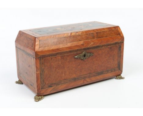A Victorian burr walnut tea caddy, herring banded in satinwood and with marquetry inlaid panel to the top. Having fitted inte