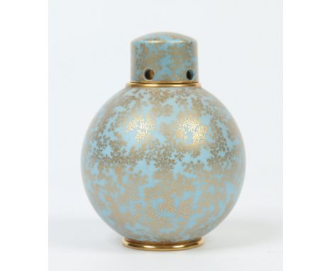 A Royal Worcester globular pot pourri jar and cover. Pale blue ground and with stylized gilt foliage. Printed puce mark, date