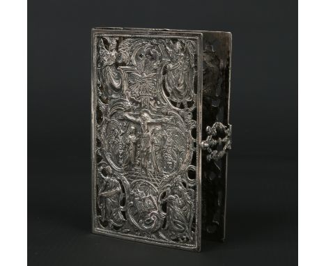 A 19th century Continental silver prayer book mount. Pierced and with repousse decoration depicting the crucifixion. Stamped 