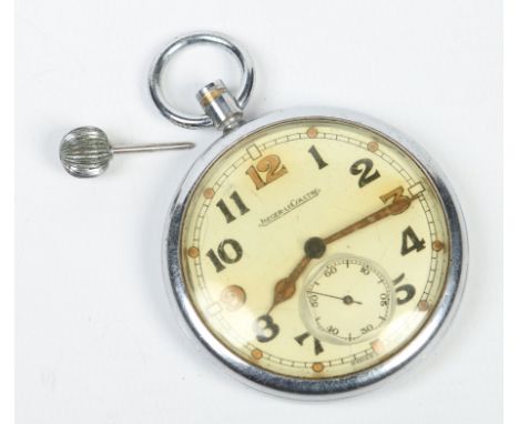 A Jaeger Le Coultre military issue chrome plated pocket watch. With Arabic numeral markers, subsidiary seconds and luminous i