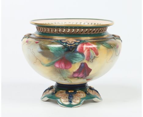 A Royal Worcester Hadley ware vase by C. V. White. With pierced rim and decorated with roses. Signed, printed green mark. Dat