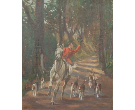 Early 20th century English school. Framed oil on panel. Hunting scene with a mounted red coat under the canopy of trees and w