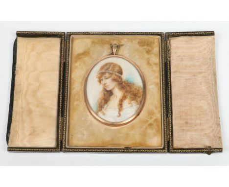 An ivory portrait miniature of a young woman in pinchbeck frame and mounted within a fitted leather tryptic strut case. Signe